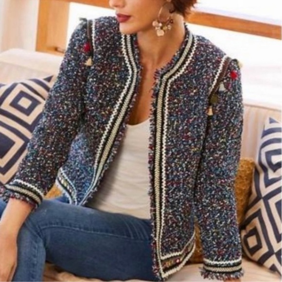 Lea & Viola Jackets & Blazers - Lea & Viola Women’s Black, Multi-Colored Chunky Woven Tweed Jacket‎ w/ Tassels L